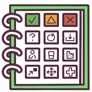 low tech AAC pages in a green folder. There are different common symbols on the front page, including green/yellow/red squares that could stand for yes/maybe/no, or go/slow/stop.